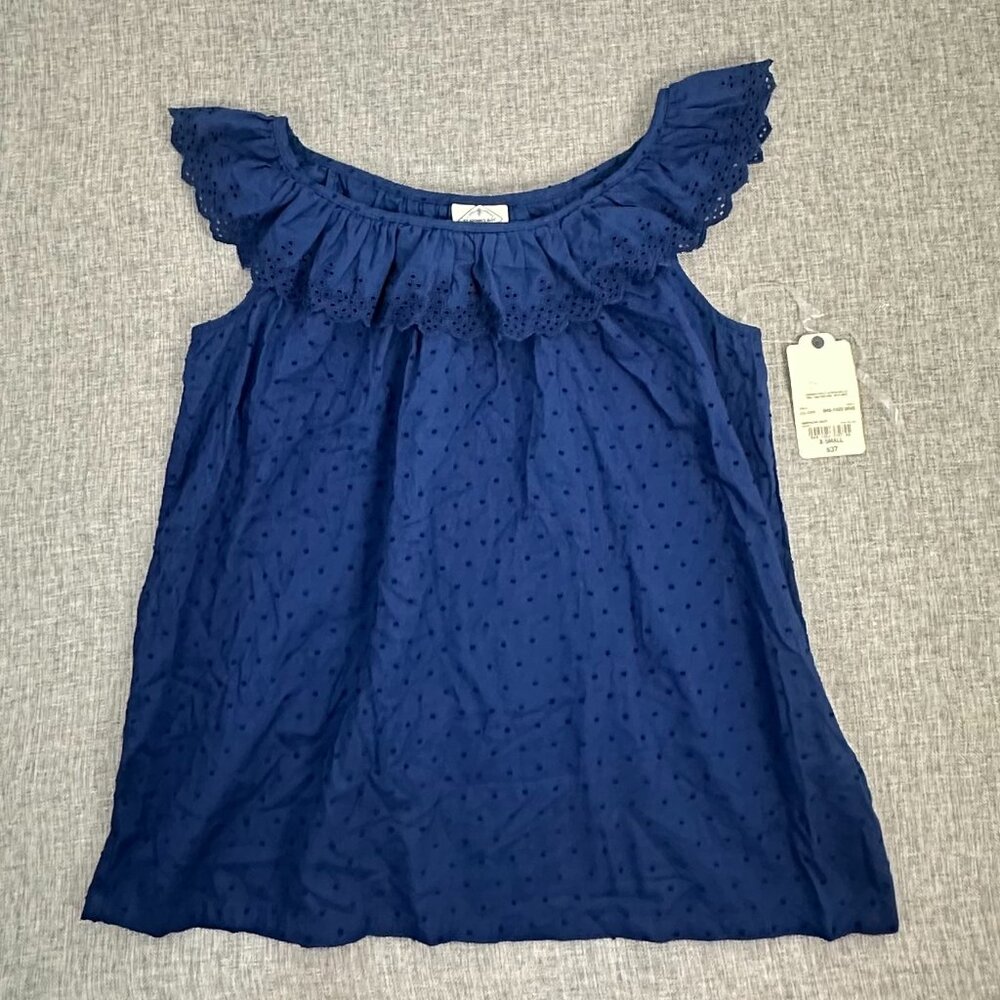 NEW! St Johns Bay Eyelet Blouse Navy Blue Top XS 100% Cotton $37 Round Ruffled N